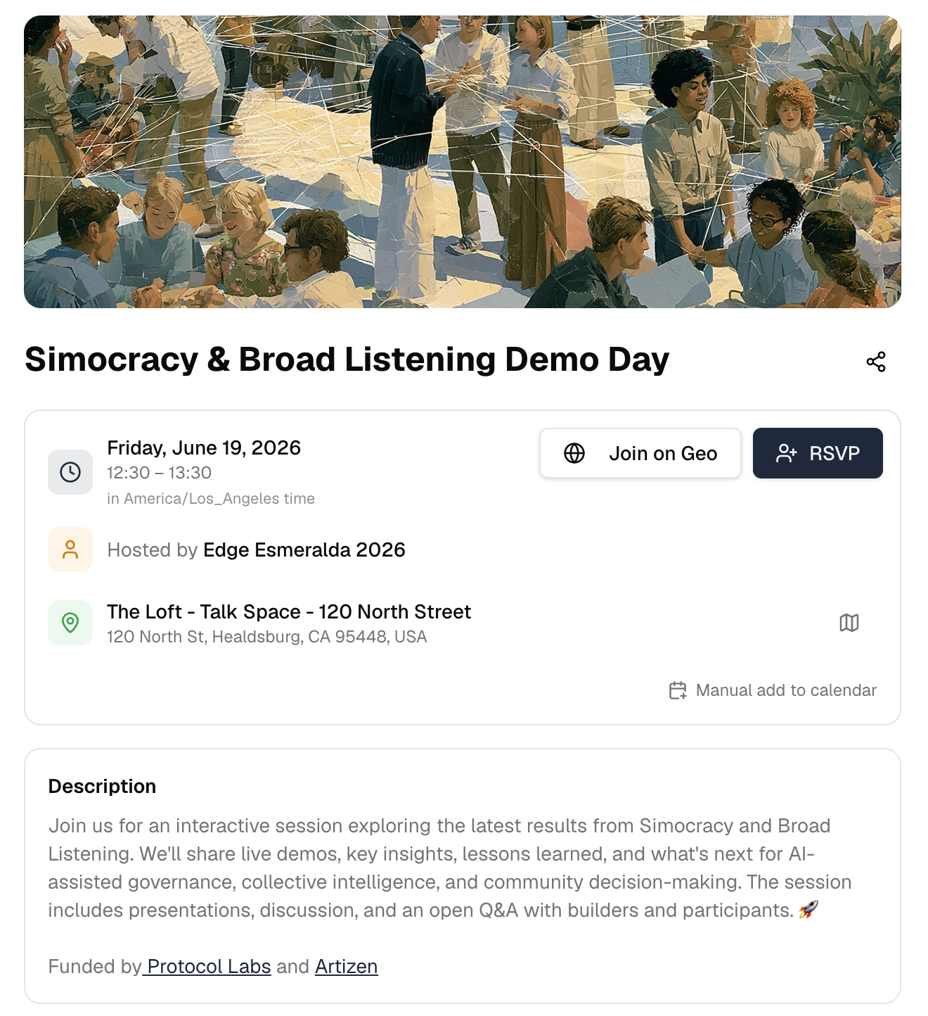 Edge Esmeralda event page for Simocracy and Broad Listening Demo Day.