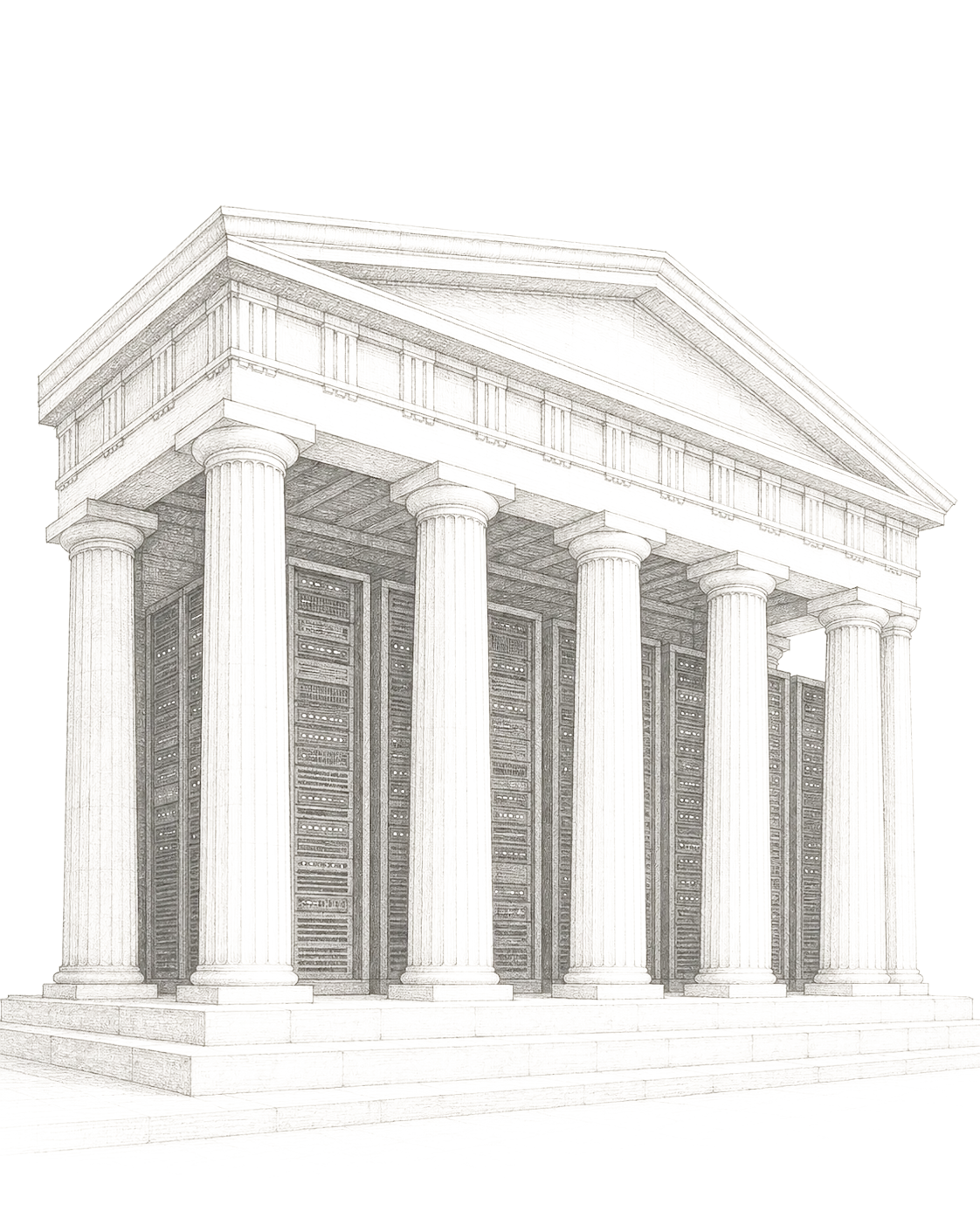 Pencil illustration of a classical governance hall filled with server racks, the Simocracy hero image.