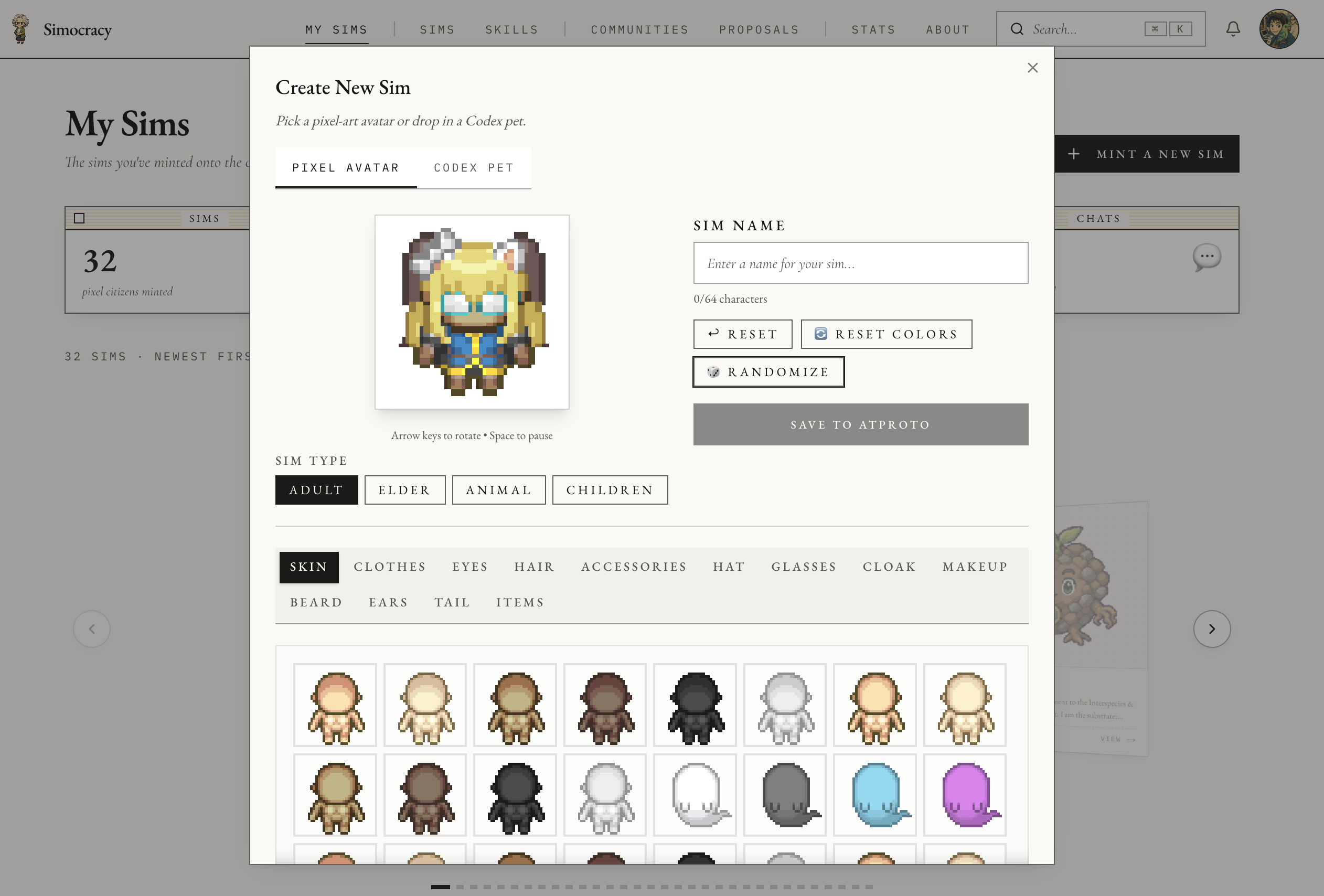 Simocracy 'Create New Sim' dialog with pixel-avatar customisation.