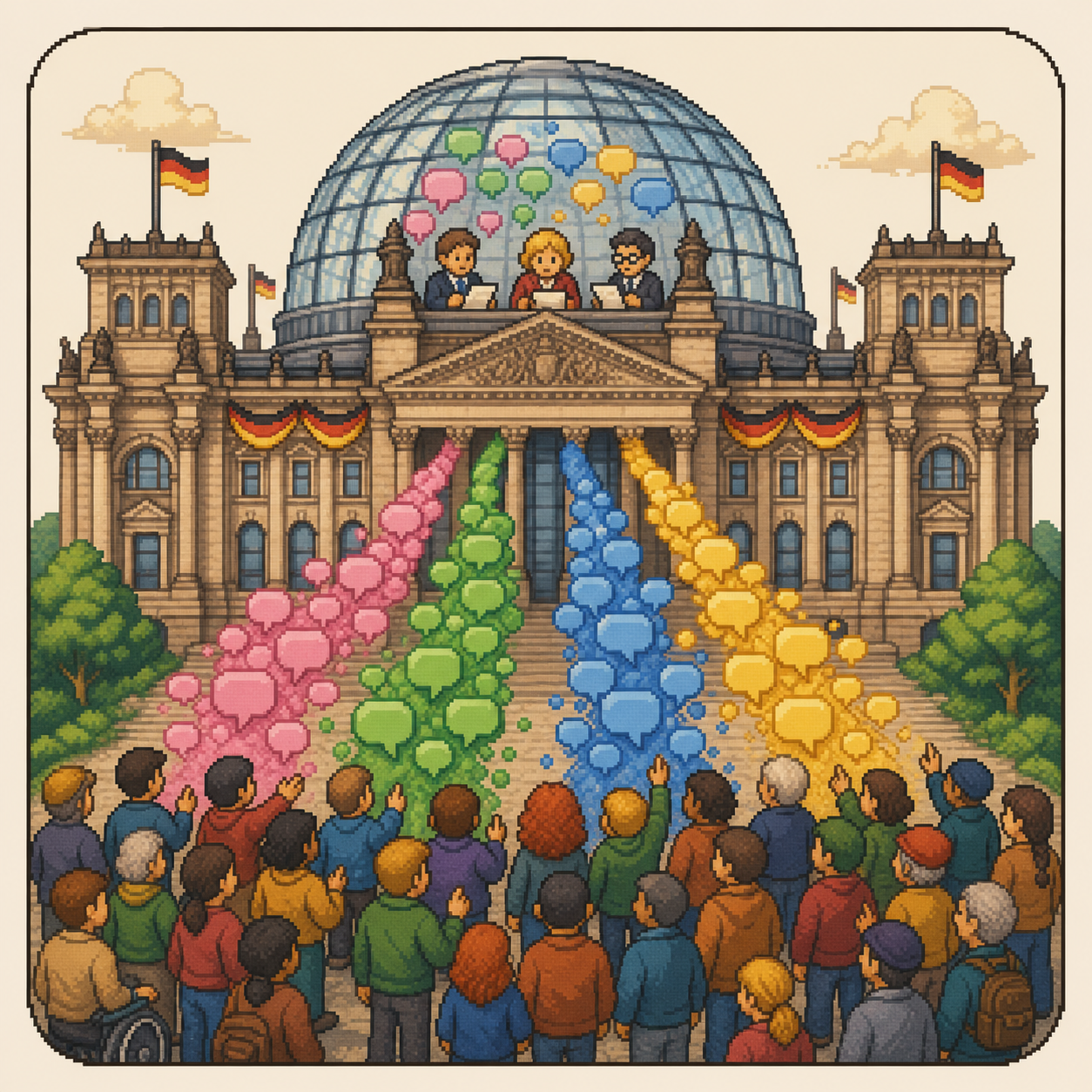 Pixel-art Reichstag with citizen voice-bubbles streaming up into the dome.