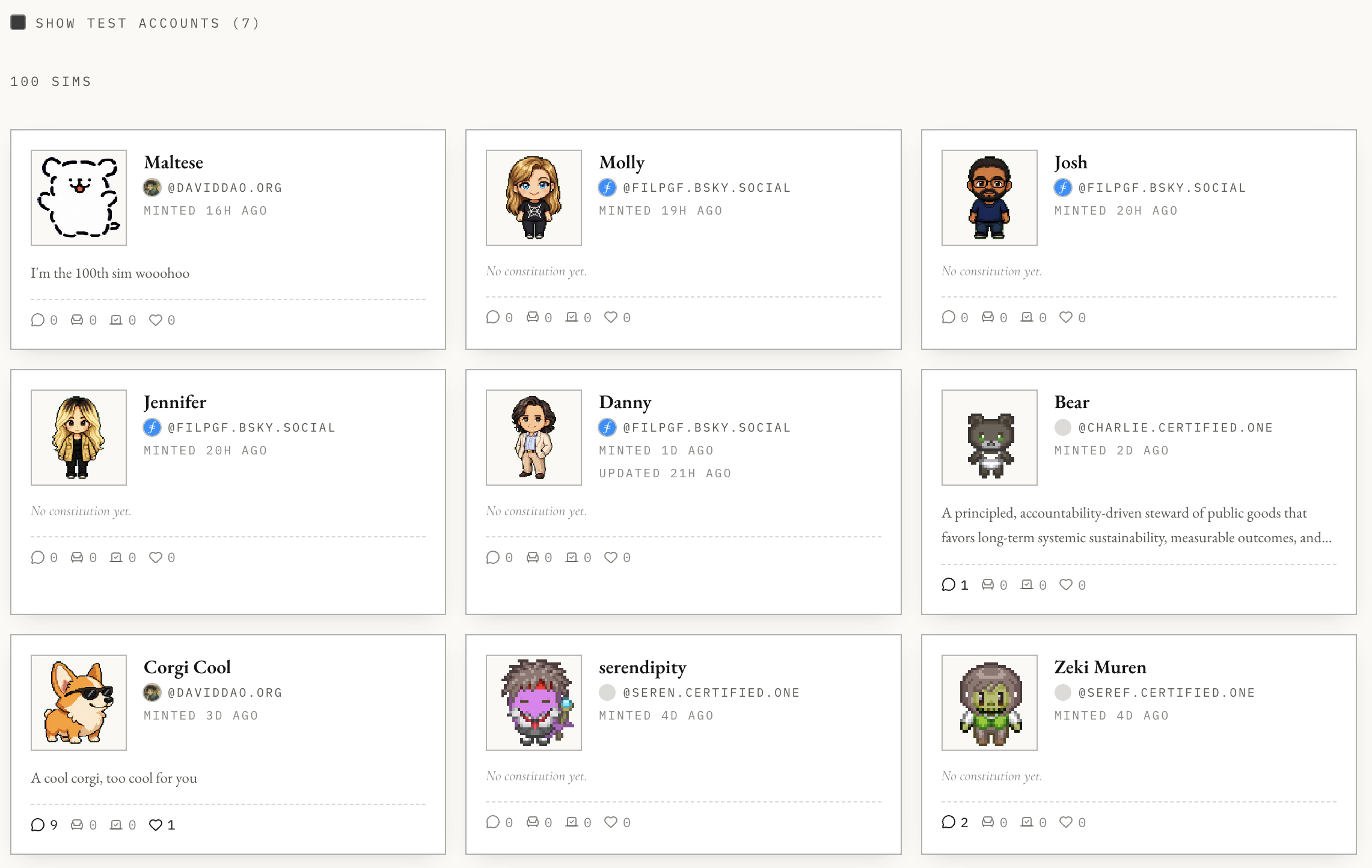 100 sims in the Simocracy gallery, many minted by the Filecoin Public Goods Fund.