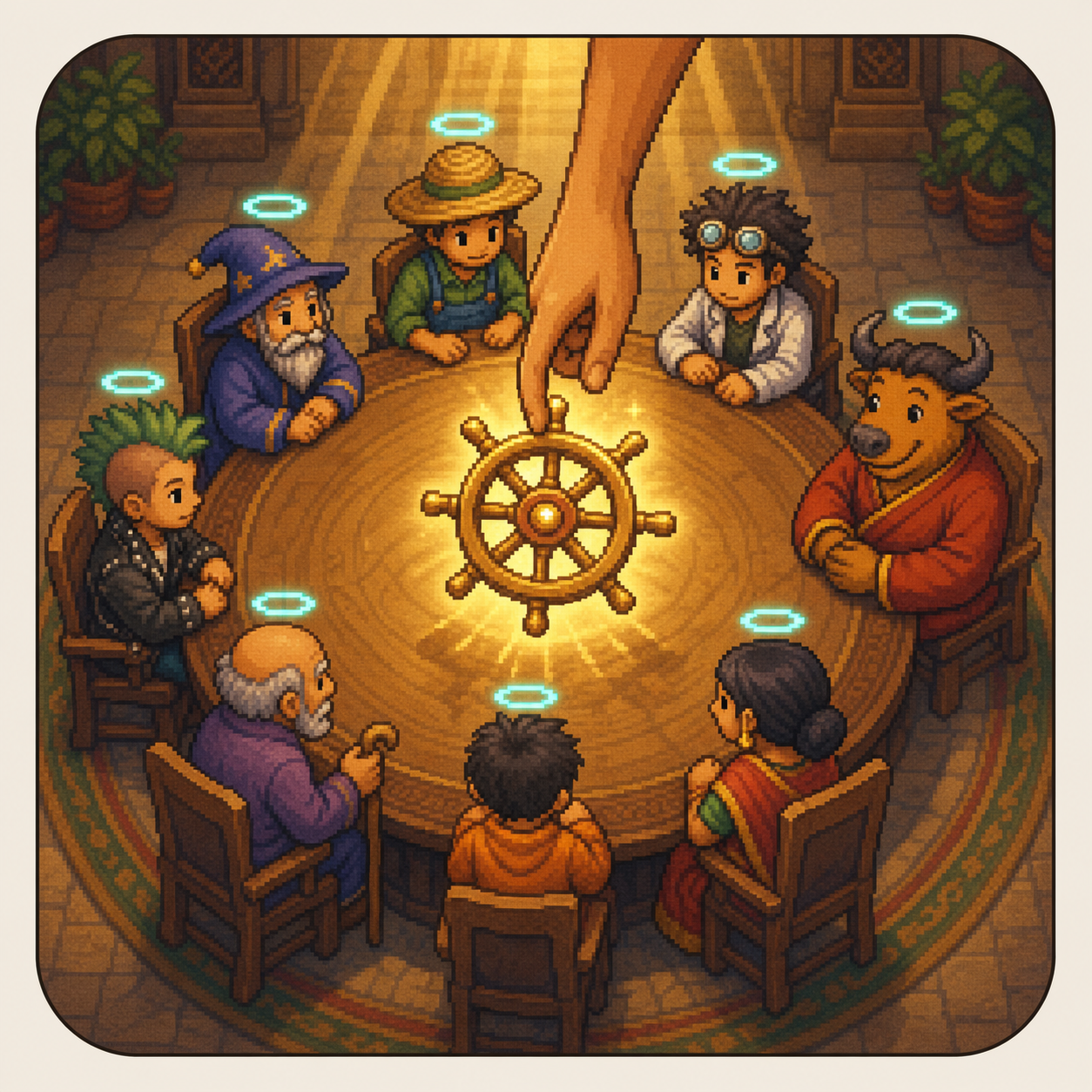 Pixel-art round table of sim characters with a human hand steering a brass wheel at the center.