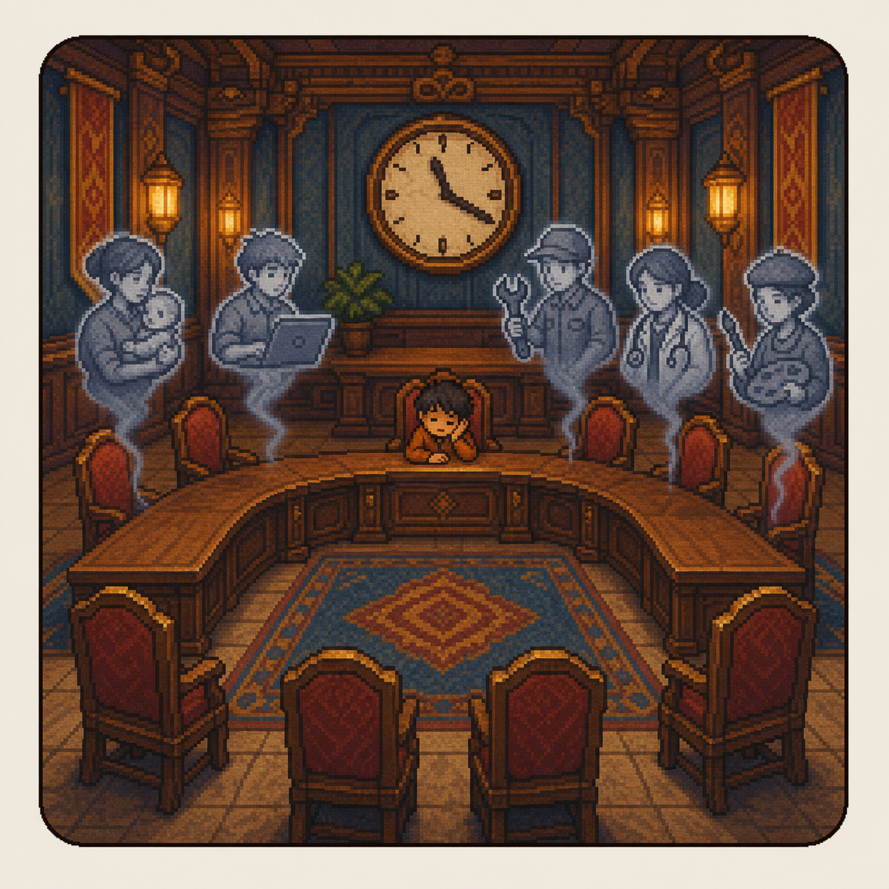 Pixel-art empty council chamber with ghostly silhouettes of absent citizens above each chair.
