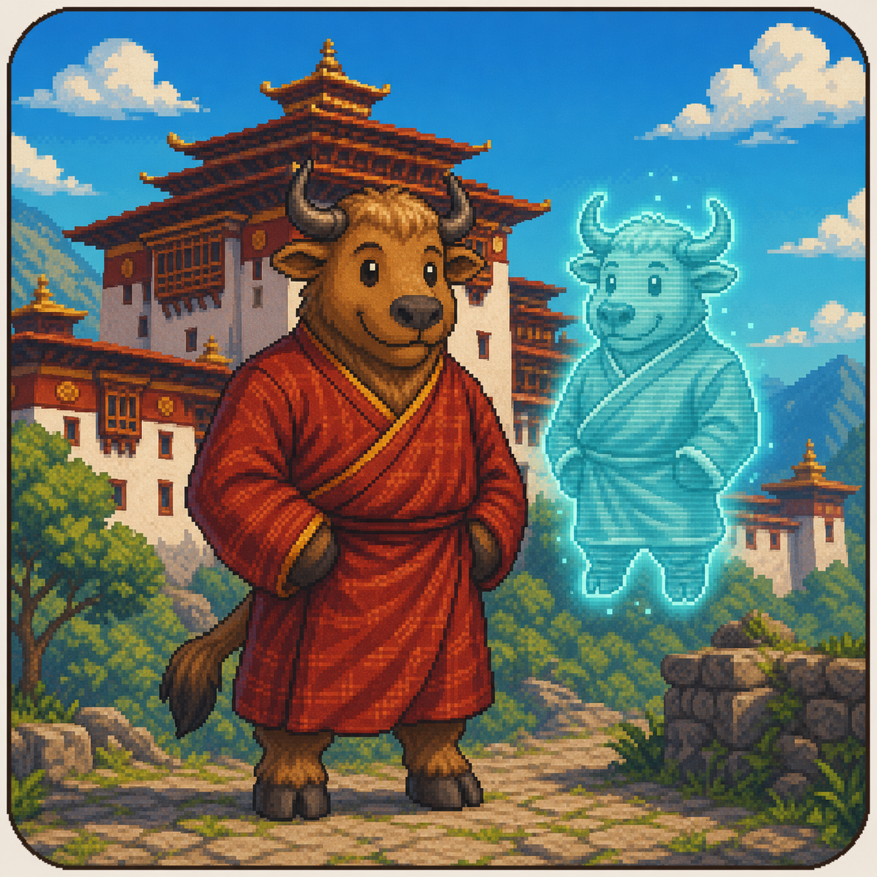 Pixel-art Takin in Bhutanese robe next to a holographic digital twin of himself in front of a dzong.
