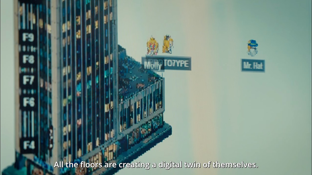 Frontier Tower SF documentary still: pixel-art sims walking the floors of a SoMa high-rise.