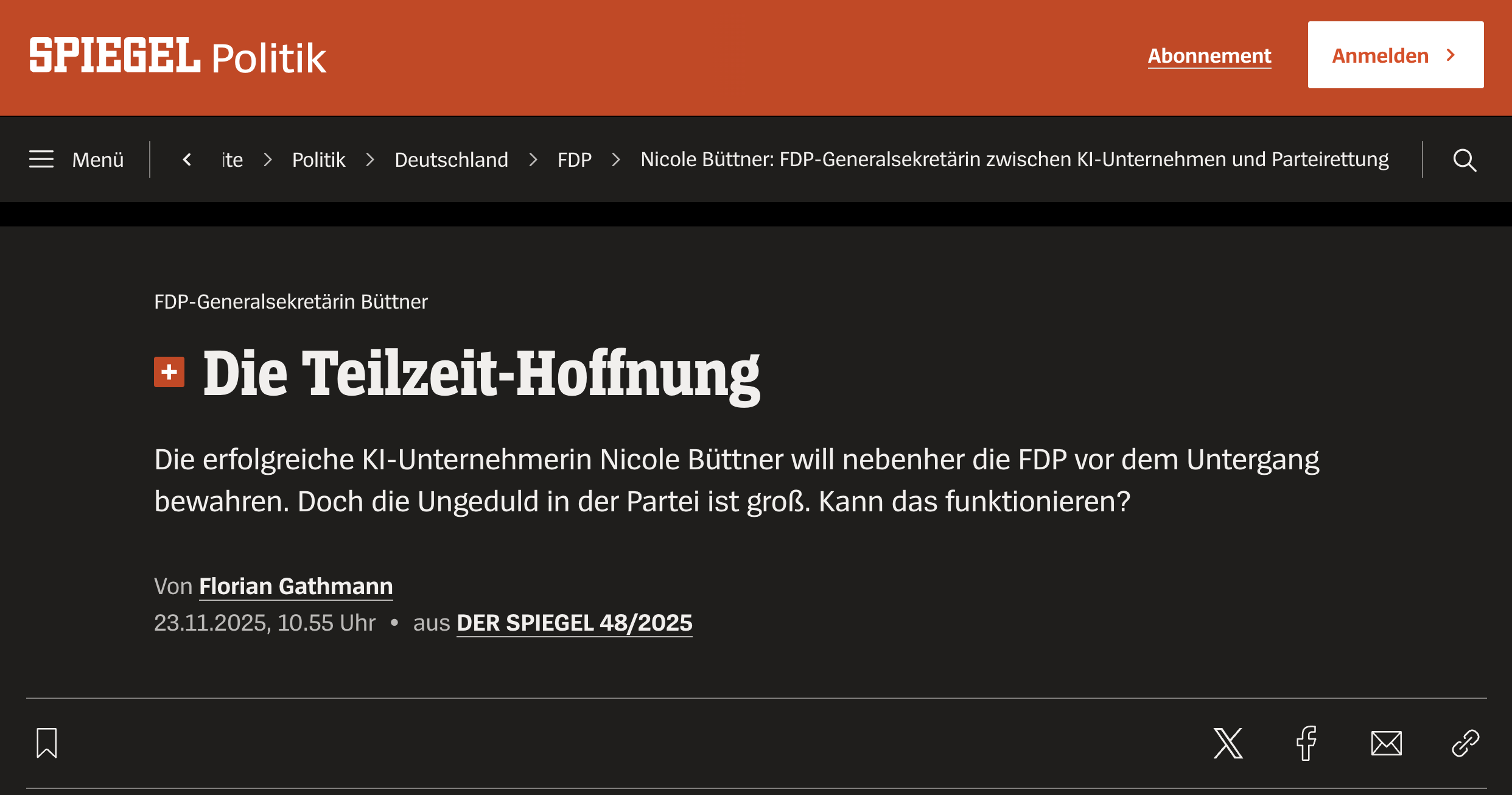 DER SPIEGEL 48/2025 article: Die Teilzeit-Hoffnung — the FDP's general secretary.